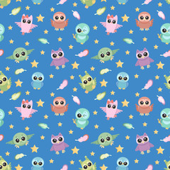 Seamless vector pattern with cute owls and feathers isolated on night background. Vector illustration for textile, ceramics, fabric, print, cards, wrapping.