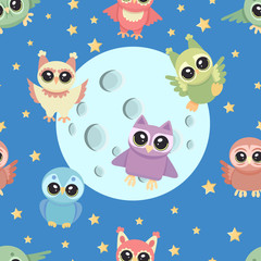 Seamless vector pattern with cute owls isolated on moon background. Vector illustration for textile, ceramics, fabric, print, cards, wrapping.
