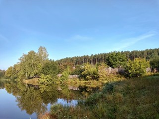 beautiful warm landscape by a pond with trees and a fence, reflected in the water