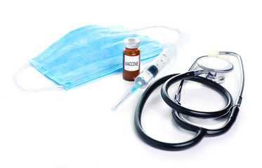 Glass jar medicine vaccine, medical protective mask, stethoscope and syringe on white background isolation