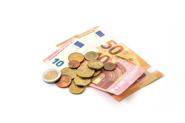 Money check in an economic and medical crisis, some dirty euro coins and banknotes with risk for...