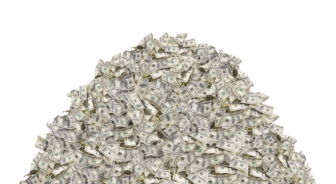Pile with american one hundred dollar bills isolated on white background