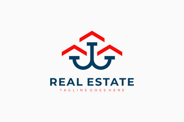 Red Blue Line Letter W House Logo. Real Estate Construction Architecture Building Logo Design Template Element.