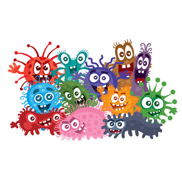 group photo of colorful viruses or bacteria in cartoon style, vector illustration, eps