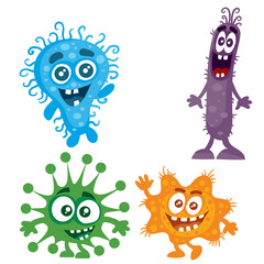 set of blue, violet, green and orange bacteria or virus, cartoon style, isolated object on white background, vector illustration, eps