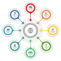 Business, education and commerce circular diagram, infographic vector template, web presentation in 8 options