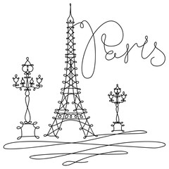Vector hand drawing sketch. One line minimalist style Illustration Paris sights. Eiffel tower, La Tour Eiffel in Paris