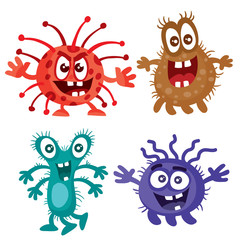 set of red, brown, turquoise and blue bacteria or virus, cartoon style, isolated object on white background, vector illustration, eps