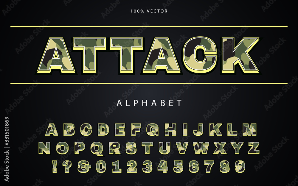 Aufkleber army camouflage font with numbers. millitary style alphabet vector design can use element game, badg
