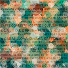 Colorful background with typographical coffee names and round elements in green and orange colour