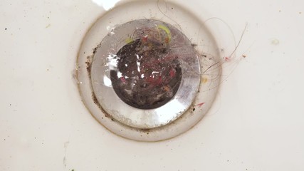 Bath clogging concept. Water drain is clogged with hair.