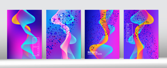 Minimal Covers Set. 3D Flow Shapes Trendy Cover Template. Big Data Neon Tech Wallpaper. 