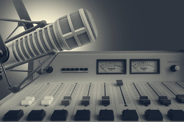 Professional microphone and sound mixer in radio station studio