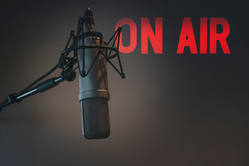 Professional microphone in radio station studio on air - obrazy, fototapety, plakaty