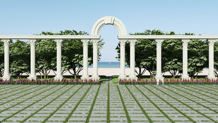 Landscaping. Area from classical Greek columns and paving slabs.