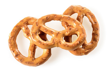 Pretzels, three mini snacks with salt for beer. Savory backed beer snack. Macro close-up isolated on white background