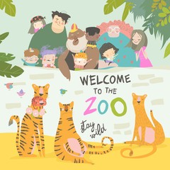 Happy children with parents in zoo with tigers