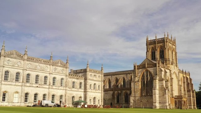 4K Aerial push shot of grand Abbey Church Cathedral