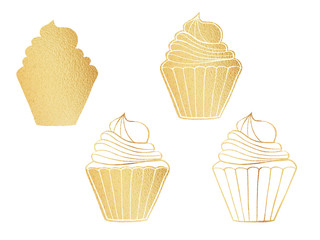 Gold set of cupcakes bakery logo