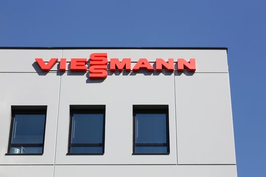 Saint Priest, France - September 8, 2018: Viessmann office building in France. The Viessmann Group is an international manufacturer of heating, industrial, and refrigeration systems