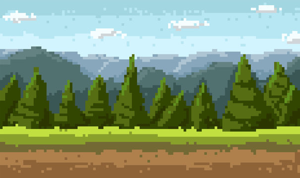 Pixel art style landscape with pine trees or Christmas trees. Blue sky, mounts, forest.
