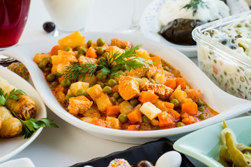 Setting table (Bayram sofrasi) with traditional Turkish foods for Sugar Feast after Ramadan Eve or Feast of Sacrifice.Taken detail 	