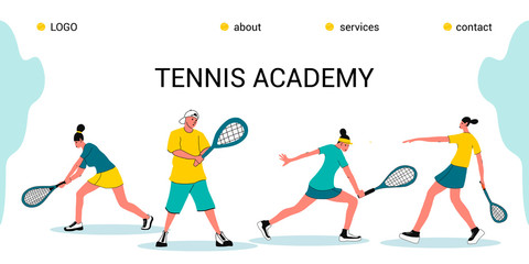 tennis Academy, summer tennis camp.the concept of Junior sports training.Site template for the Home page or app.Girls with rackets and a ball in different poses.flat design vector illustration.