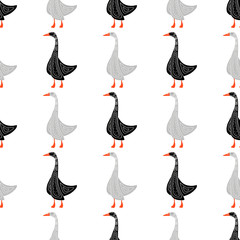 Hand-drawn seamless goose pattern. Engraved vector illustration style. Template for your design work.stylized bird with a folk pattern.suitable for fabrics, banners, postcards, children s books.