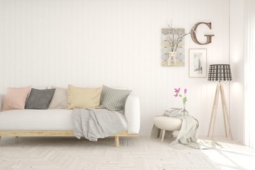 White living room with sofa. Scandinavian interior design. 3D illustration