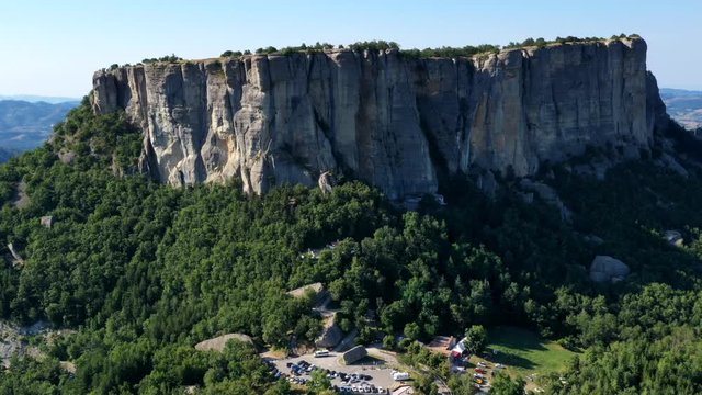 Aerial view of Bismantova Rock, Pietra di Bismantova, located near to Castelnovo Monti, Reggio Emilia, Italy