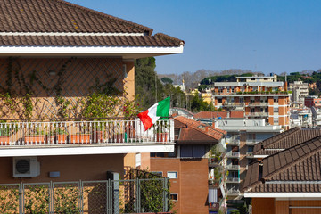italian flag on the balcony. Coronavirus. Epidemic. Patriotic. Everything will be good. Support for doctors