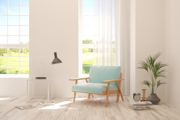 White living room with armchair and green landscape in window. Scandinavian interior design. 3D illustration