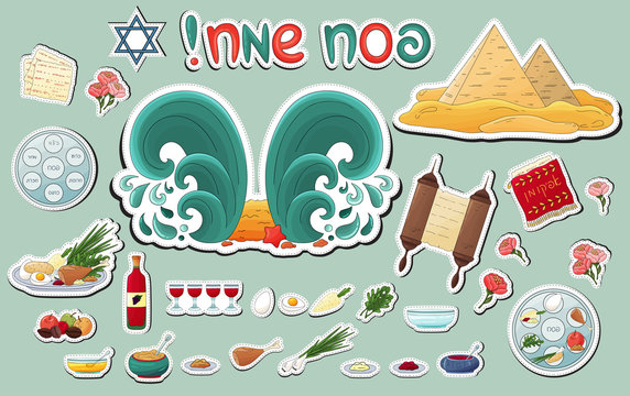 Happy Passover jewish traditional pesach icons, decorated elements. Passover plate, four wine glass,matzah, star of David,flowers, food, pyramid, sea, miracle. Passover stickers collection, pesach in 