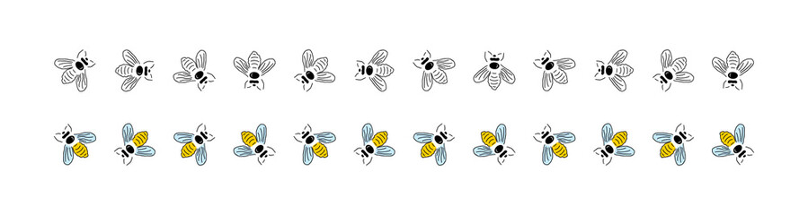 Bee collection. Honey bees in different direction, isolated on white background. Bee vector icon. Vector illustration