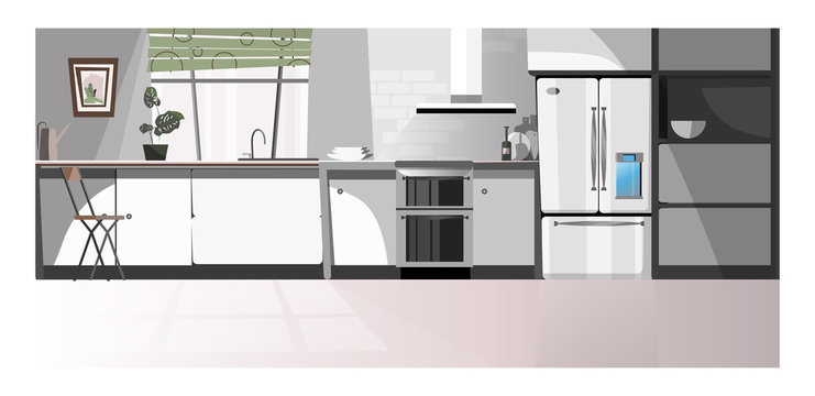 Modern kitchen room with appliances illustration. Gray domestic kitchen area with counter, fridge, oven and window. Interior illustration