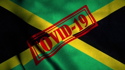 Covid-19 stamp on the national flag of Jamaica. Coronavirus concept. 3d illustration