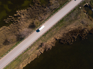 Aerial top down drone shot. Highway traffic.