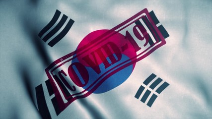 Covid-19 stamp on the national flag of South Korea. Coronavirus concept. 3d illustration