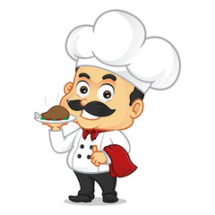 Chef cartoon serving chicken and smiling