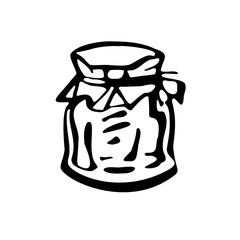Jar for jam. Black and white vector illustration in line art style. Isolated on a white background.