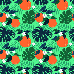 Oranges and palm leaves abstract seamless pattern