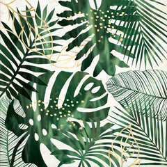 Green and gold tropical leaves printable wall art