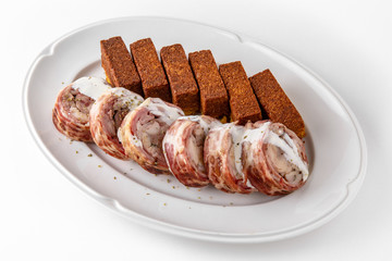 Sliced meat delicacies. Delicious beef, pork and poultry. Banquet festive dishes. Gourmet restaurant menu. White background.