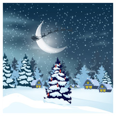 Winter landscape with houses, Santa Claus in night sky and decorated fir-tree. Snowy country scene illustration. Christmas Eve concept. For websites, wallpapers, posters or banners.