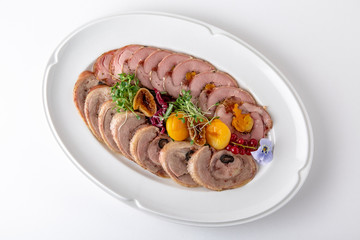 Sliced meat delicacies. Delicious beef, pork and poultry. Banquet festive dishes. Gourmet...