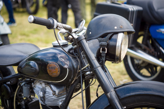 PAAREN IM GLIEN, GERMANY - MAY 23, 2015: Detail of motorcycle Simson Suhl AWO 425. The oldtimer show in MAFZ.