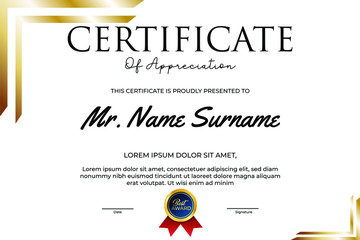 Creative Certificate of Appreciation Award Template. modern certificate with gold badge. Certificate border template with luxury and modern style vector illustration