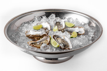 Fresh oysters on ice in a metal tray. Banquet festive dishes. Gourmet restaurant menu. White background.