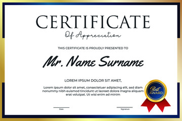 Creative Certificate of Appreciation Award Template. modern certificate with gold badge. Certificate border template with luxury and modern style vector illustration