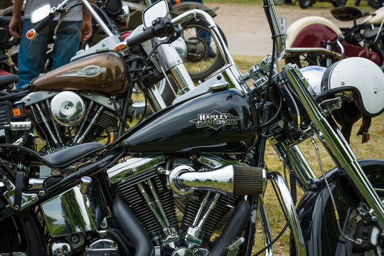 PAAREN IM GLIEN, GERMANY - MAY 23, 2015: Fragment of a motorcycle Harley-Davidson close-up. The oldtimer show in MAFZ.